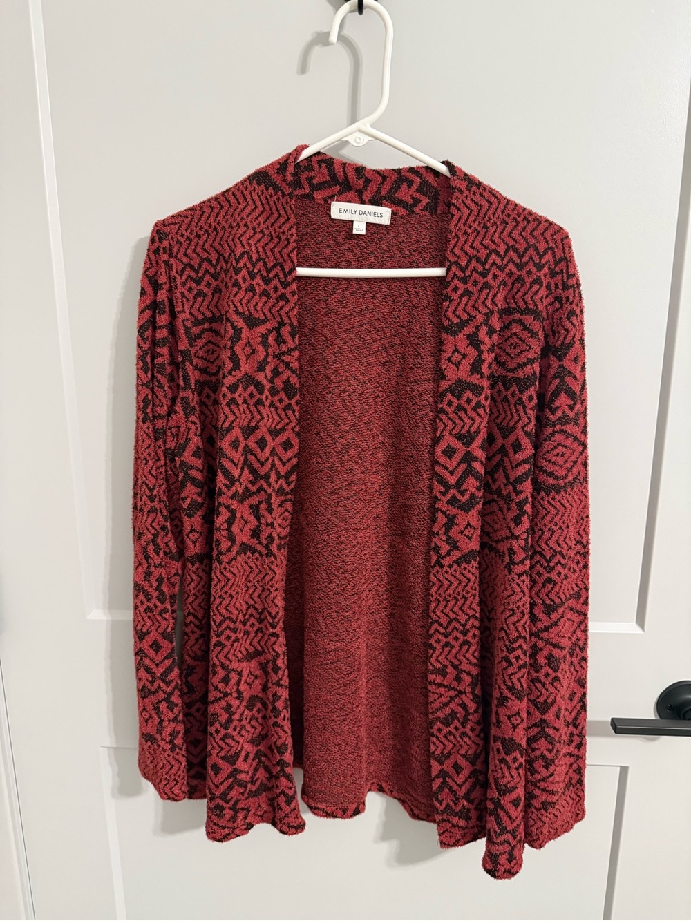 Emily Daniels Red Black Geometric Open Front Cardigan Size L Boho Knit